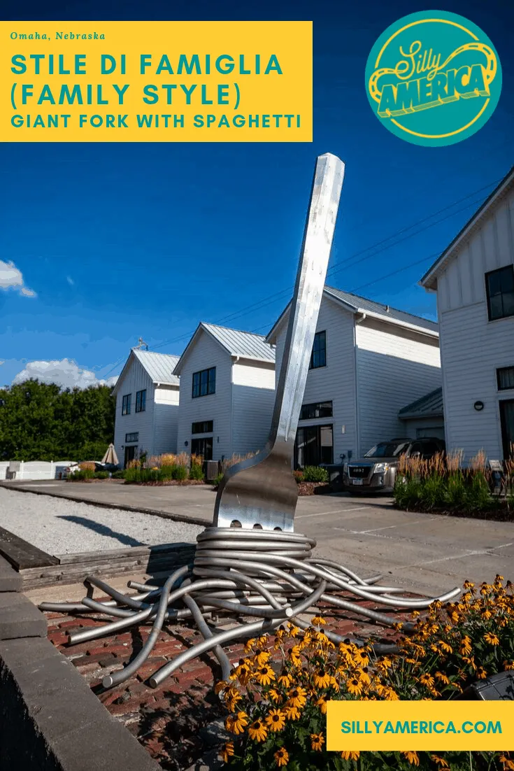 The Nebraska roadside attraction Stile di Famiglia - Family Style - is a Giant Fork with Spaghetti in Omaha, Nebraska located at the Towns of Little Italy. The public art is a must see on a Nebraska road trip or vacation to the beautiful places in Nebraska with family. Add this to your list of things to do in Nebraska and travel bucket list!
#NebraskaRoadsideAttractions #RoadsideAttractions #RoadTrip #NebraskaRoadTrip #ThingsToDoInNebraska #NebraskaTravel #ThingsToSeeInNebraska