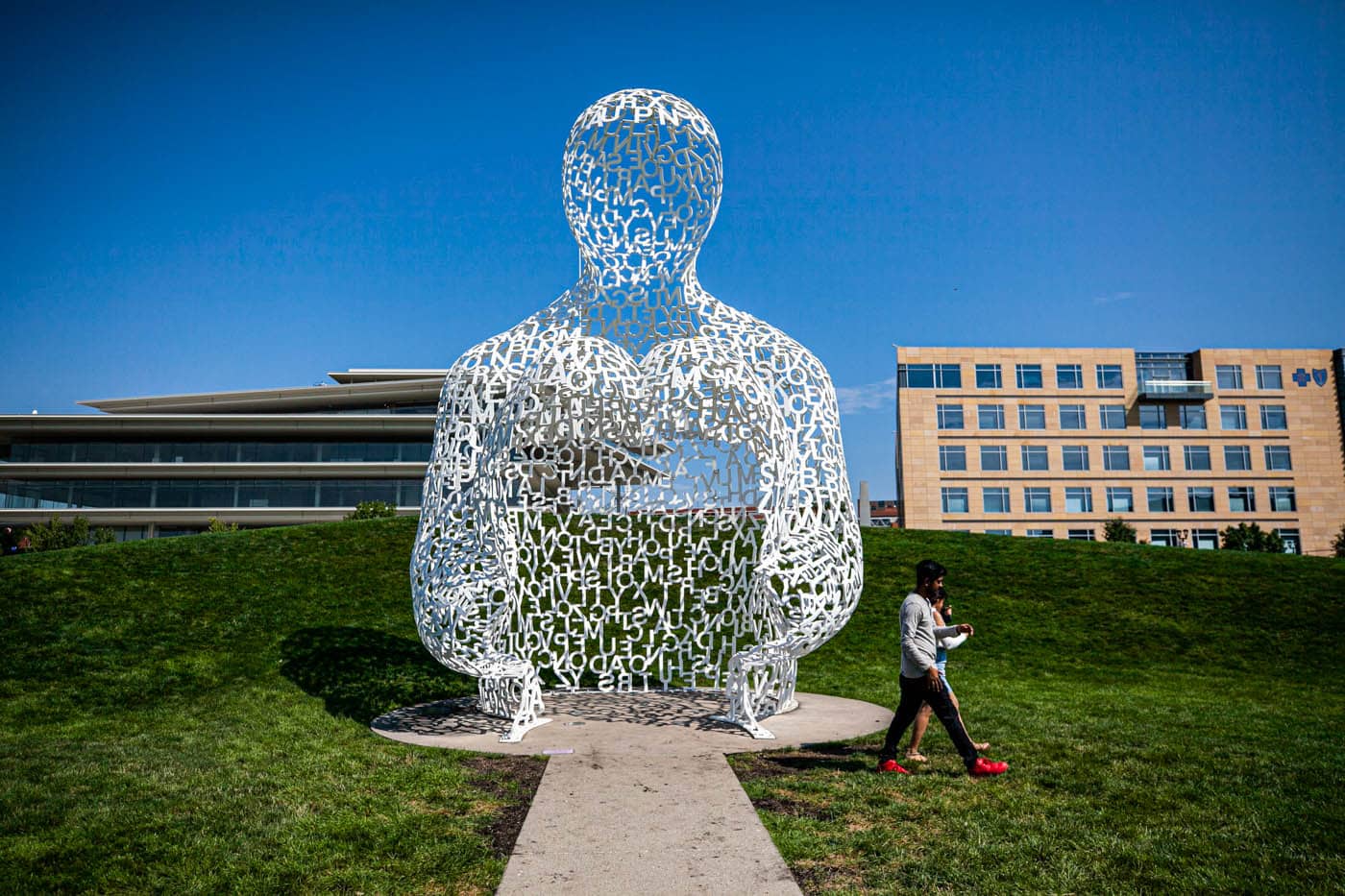 Nomade by artist Jaume Plensa | Figure made from white letters | Pappajohn Sculpture Park in Des Moines, Iowa