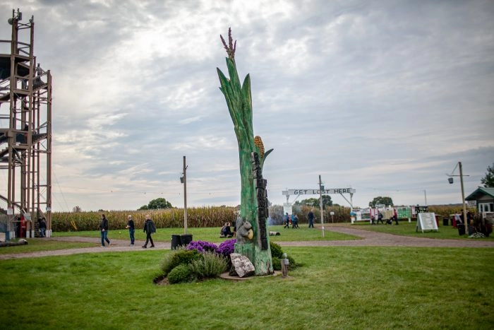 The World's Tallest Corn Stalk at Richardson Adventure Farm in Spring Grove, Illinois.