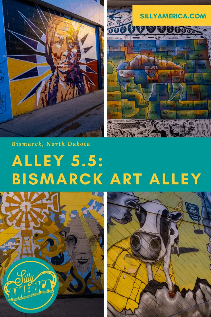Color, community…cows. If you're looking for murals in Bismarck, North Dakota, you will find colorful street art at Alley 5.5: Bismarck Art Alley. Add this travel destination to your North Dakota road trip bucket list to visit on a vacation or road trip. #NorthDakotaRoadsideAttractions #NorthDakotaRoadsideAttraction #NorthDakotaRoadTrip #NorthDakotaRoadTripBucketLists #NorthDakotaBucketList #ThingsToDoInNorthDakota