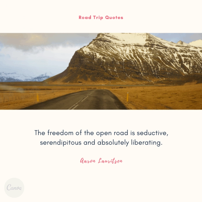 “The freedom of the open road is seductive, serendipitous and absolutely liberating.” – Aaron Lauritsen, 100 Days Drive: The Great North American Road Trip  | BEST ROAD TRIPS QUOTES THAT WILL INSPIRE YOU TO TAKE A ROAD TRIP