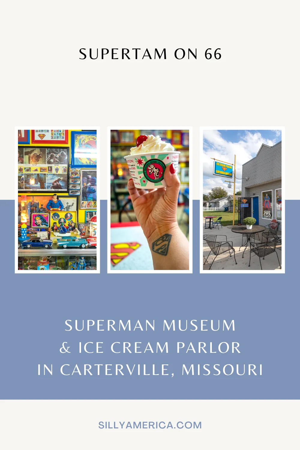 SuperTam on 66 in Carterville, Missouri is an ice cream parlor and Superman Museum featuring themed desserts and Man of Steel memorabilia on Route 66. Visit this weird roadside attraction, ice cream shop, and museum on your Missouri road trip and add it to your Route 66 travel itinerary. #Superman  #RoadTrips #RoadTripStop #Route66 #Route66RoadTrip #MissouriRoute66 #Missouri #MissouriRoadTrip #MissouriRoadsideAttractions #RoadsideAttractions #RoadsideAttraction #RoadsideAmerica #RoadTrip #Elvis
