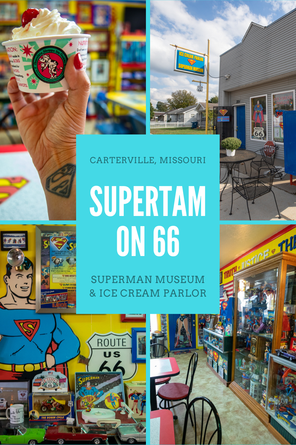 SuperTam on 66 in Carterville, Missouri is an ice cream parlor and Superman Museum featuring themed desserts and Man of Steel memorabilia on Route 66. Visit this weird roadside attraction, ice cream shop, and museum on your Missouri road trip and add it to your Route 66 travel itinerary. #Superman  #RoadTrips #RoadTripStop #Route66 #Route66RoadTrip #MissouriRoute66 #Missouri #MissouriRoadTrip #MissouriRoadsideAttractions #RoadsideAttractions #RoadsideAttraction #RoadsideAmerica #RoadTrip #Elvis