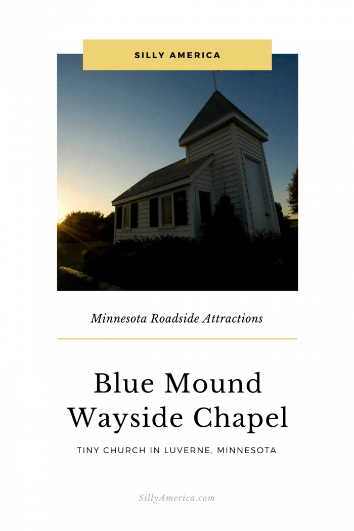 Blue Mound Wayside Chapel is a tiny church in Luverne, Minnesota that offers a place to rest, to reflect, to feel at peace to weary travelers. Visit this Minnesota roadside attraction on a road trip through the state and add it to your travel itinerary and map! #MinnesotaRoadsideAttractions #MinnesotaRoadsideAttraction #RoadsideAttractions #RoadsideAttraction #RoadTrip #MinnesotaRoadTrip #MinnesotaRoadTripBucketLists #MinnesotaBucketList #MinnesotaRoadTripIdeas #WeirdRoadsideAttractions