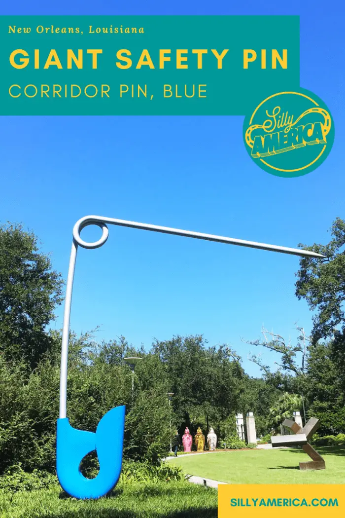 Pop art by Claes Oldenburg and Coosje van Bruggen, a giant safety pin known as Corridor Pin, Blue, found at the Sydney and Walda Besthoff Sculpture Garden at New Orleans Museum of Art in New Orleans, Louisiana. View this weird roadside attraction on your New Orleans vacation or Louisiana road trip a fun stop for any travel itinerary or bucket list!
#LouisianaRoadsideAttractions #LouisianaRoadsideAttraction #RoadsideAttractions #RoadsideAttraction #RoadTrip #LouisianaRoadTrip #NewOrleansRoadTrip