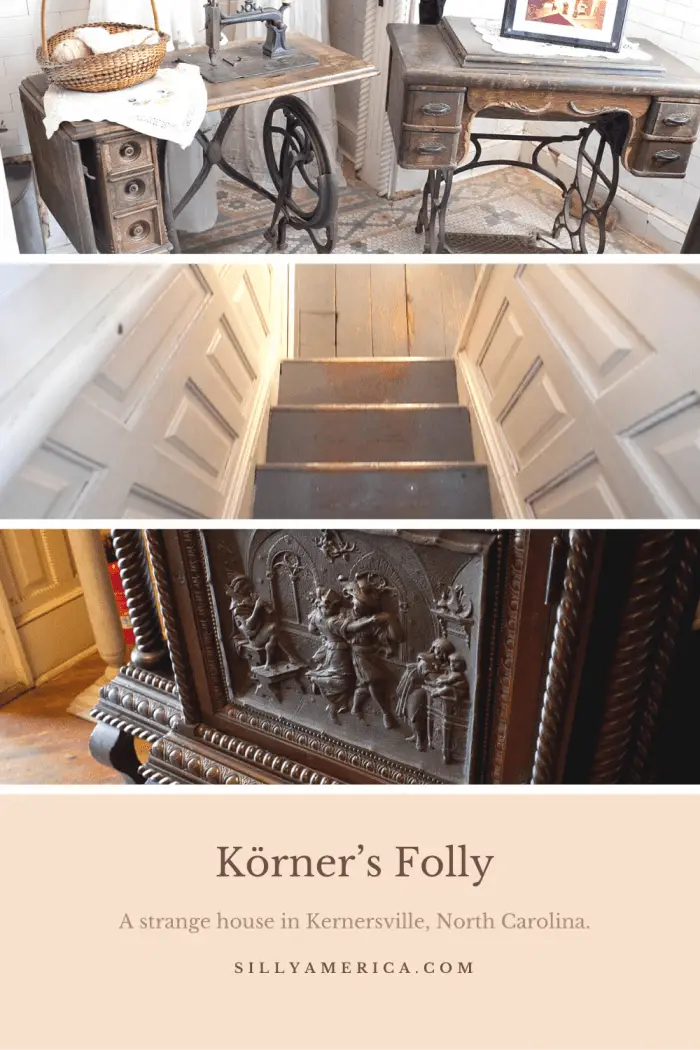 Jule Korner's Körner’s Folly is the "Strangest House in the World" in Kernersville, North Carolina with 3 floors, 7 levels, and 22 rooms. Visit this weird roadside attraction on a North Carolina vacation or road trip. A fun stop for your travel itinerary! #NorthCarolinaRoadsideAttractions #NorthCarolinaRoadsideAttraction #RoadsideAttractions #RoadsideAttraction #RoadTrip #NorthCarolinaRoadTrip #NorthCarolinaRoadTripTravelGuide #NorthCarolinaTravelGuide #weirdroadsideattractions #roadtripstops