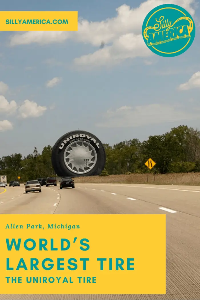 This Michigan roadside attraction certainly doesn't fall flat! It's the World's Largest Tire in Allen Park, Michigan, AKA the giant Uniroyal tire.Originally a ferris wheel at the New York World Fair. Visit this Detroit roadside attraction on your Michigan road trip! #MichiganRoadsideAttractions #MichiganRoadsideAttraction #RoadsideAttractions #RoadsideAttraction #RoadTrip #MichiganRoadTrip #MichiganRoadTripPlacesToVisit #MichiganRoadTripIdeas #MichiganRoadTripDestinations