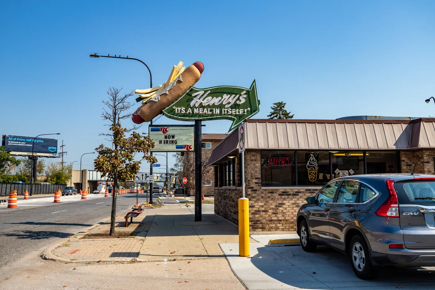 Henry's Drive-In: Giant Hot Dog Topped with Fries in Cicero, Illinois - Route 66 roadside attraction