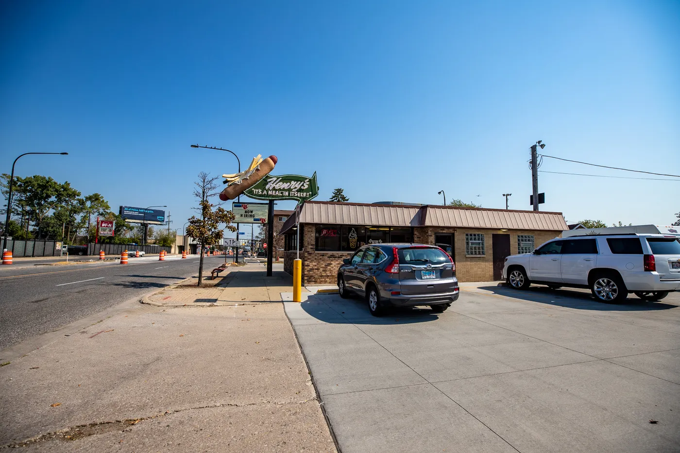 Henry's Drive-In: Giant Hot Dog Topped with Fries in Cicero, Illinois - Route 66 roadside attraction