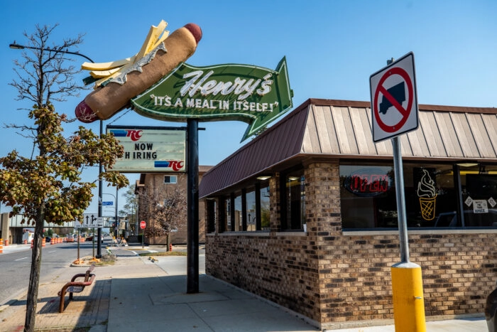 Henry's Drive-In: Giant Hot Dog Topped with Fries in Cicero, Illinois - Route 66 roadside attraction