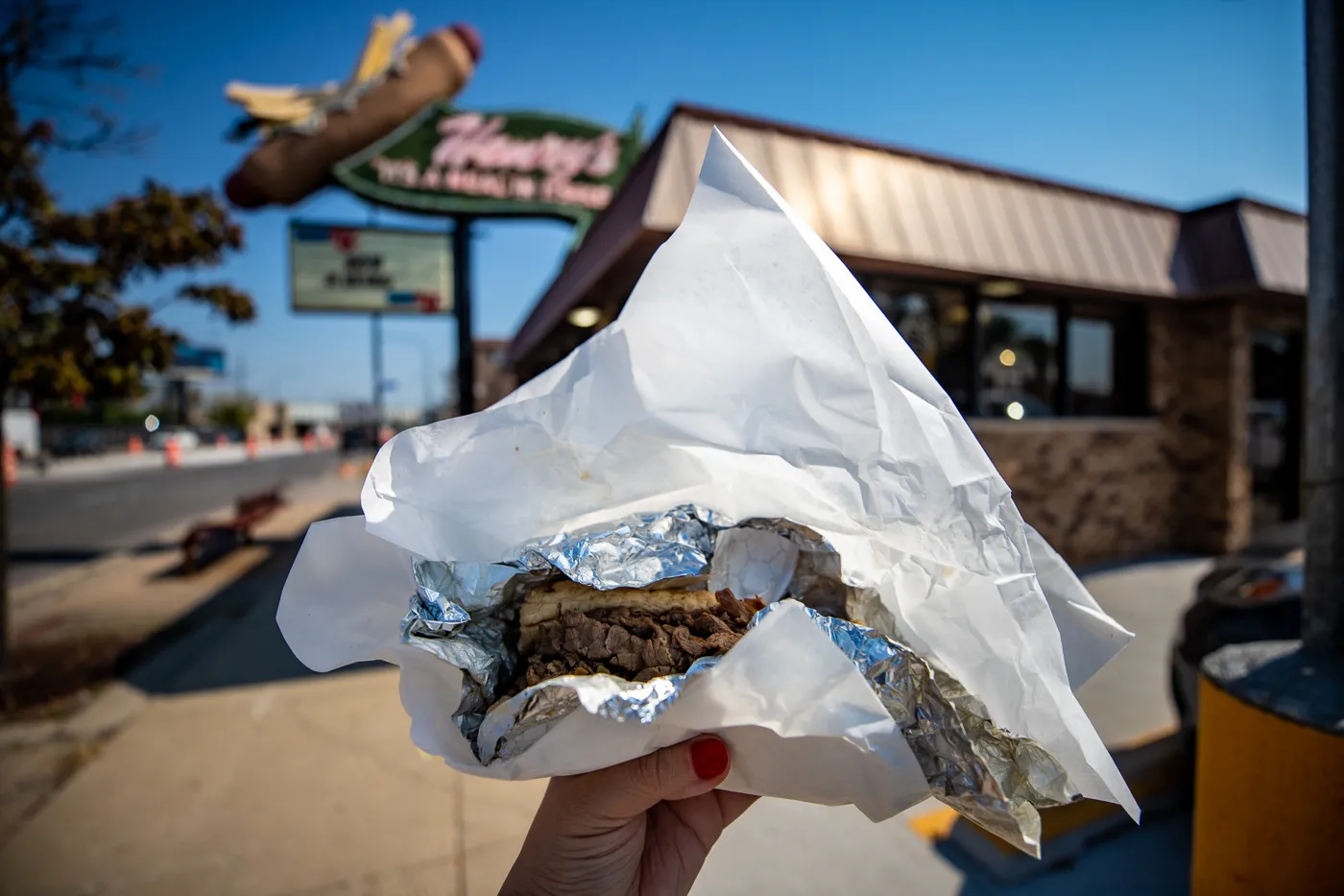 Italian beef sandwich at Henry's Drive-In: Giant Hot Dog Topped with Fries in Cicero, Illinois - Route 66 roadside attraction