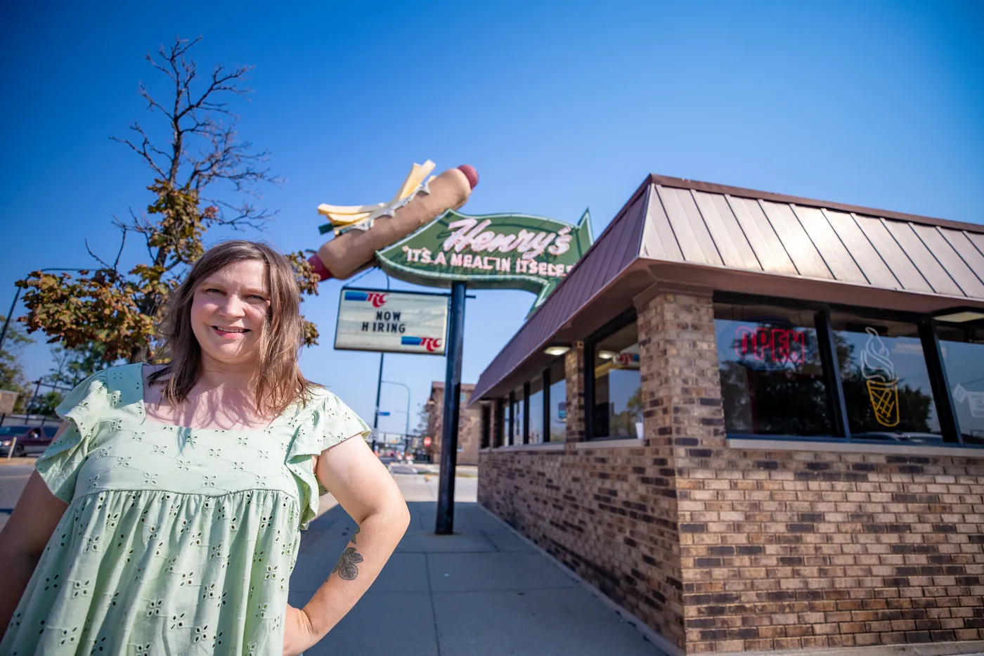 Henry's Drive-In: Giant Hot Dog Topped with Fries in Cicero, Illinois - Route 66 roadside attraction