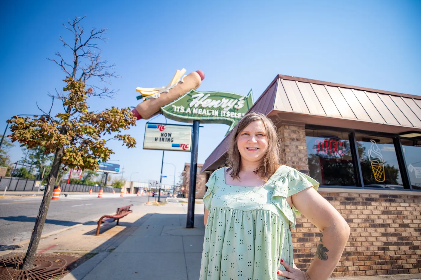 Henry's Drive-In: Giant Hot Dog Topped with Fries in Cicero, Illinois - Route 66 roadside attraction