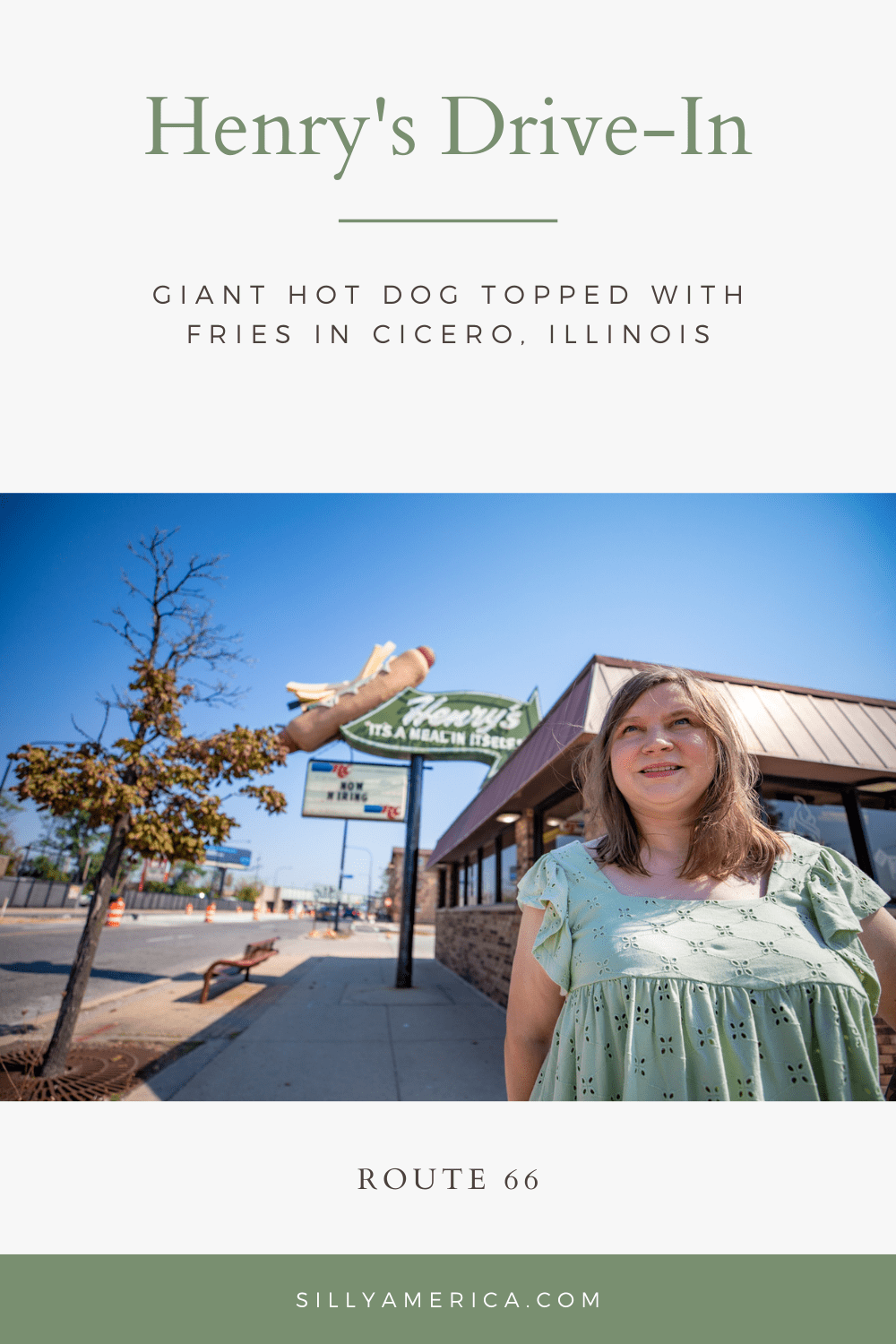 Henry's Drive-In is a Route 66 institution, having served fast-food fare to hungry travelers (and locals) since the 1950s. Stop in on a Route 66 road trip for a hit dog wrapped with fries and check out the giant hot dog and fries on the roof.  #Route66 #Route66RoadTrip #IllinoisRoute66 #Illinois #IllinoisRoadTrip #IllinoisRoadsideAttractions #RoadsideAttractions #RoadsideAttraction #RoadsideAmerica #RoadTrip