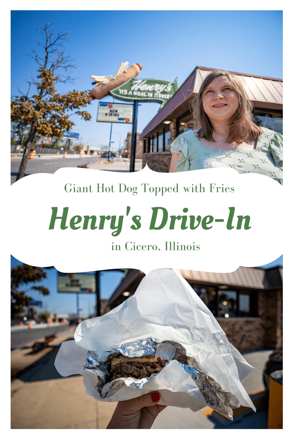 Henry's Drive-In is a Route 66 institution, having served fast-food fare to hungry travelers (and locals) since the 1950s. Stop in on a Route 66 road trip for a hit dog wrapped with fries and check out the giant hot dog and fries on the roof.  #Route66 #Route66RoadTrip #IllinoisRoute66 #Illinois #IllinoisRoadTrip #IllinoisRoadsideAttractions #RoadsideAttractions #RoadsideAttraction #RoadsideAmerica #RoadTrip