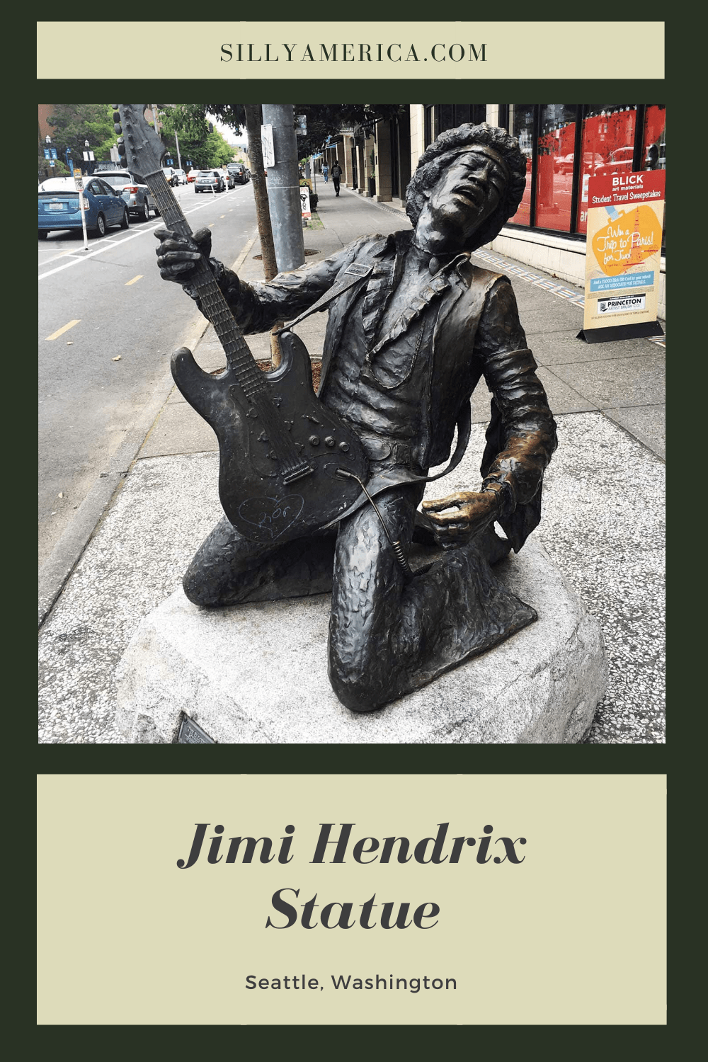 The Electric Lady Studio Guitar - the bronze Jimi Hendrix Statue in Seattle, Washington was unveiled in 1997 as a tribute to the guitarist and rock legend. Visit this Seattle tourist attraction for photography ops on a Washington road trip or Seattle vacation. #WashingtonRoadsideAttractions #WashingtonRoadsideAttraction #RoadsideAttractions #RoadsideAttraction #RoadTrip #WashingtonRoadTrip #WashingtonRoadTripMap #WashingtonRoadTripBucketLists #WashingtonBucketList #SeattleRoadTrip