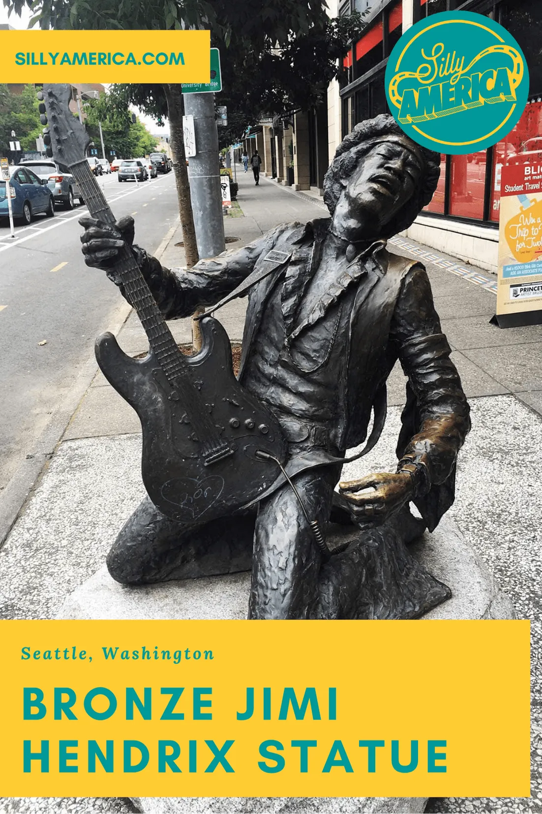 The Electric Lady Studio Guitar - the bronze Jimi Hendrix Statue in Seattle, Washington was unveiled in 1997 as a tribute to the guitarist and rock legend. Visit this Seattle tourist attraction for photography ops on a Washington road trip or Seattle vacation.  #WashingtonRoadsideAttractions #WashingtonRoadsideAttraction #RoadsideAttractions #RoadsideAttraction #RoadTrip #WashingtonRoadTrip #WashingtonRoadTripMap #WashingtonRoadTripBucketLists #WashingtonBucketList  #SeattleRoadTrip