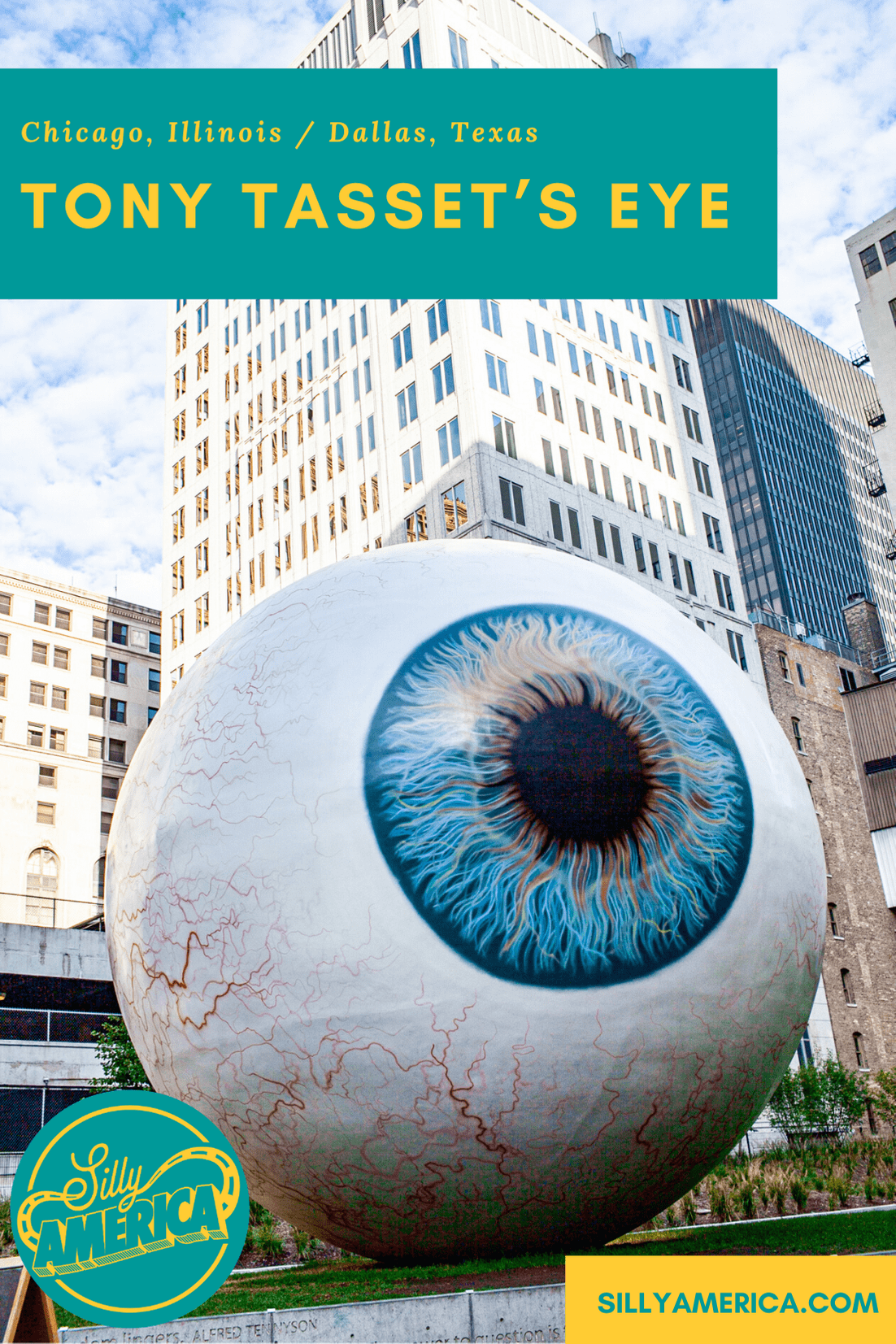 Tony Tasset’s Eye, a giant fiberglass eyeball at the Joule Hotel in Dallas, Texas was originally erected in Chicago, Illinois and constructed by FAST Fiberglass in Wisconsin. #RoadsideAttraction #RoadsideAttractions #WeirdRoadsideAttractions #VintageRoadsideAttractions #RoadTripStops #WorldsLargestRoadsideAttractions #RoadTrip #USARoadsideAttractions #AmericanRoadsideAttractions #USA #America #Texas #DallasTexas #TexasRoadsideAttractions #TexasRoadsideAttraction #TexasRoadTrip #TexasRoadTripMap