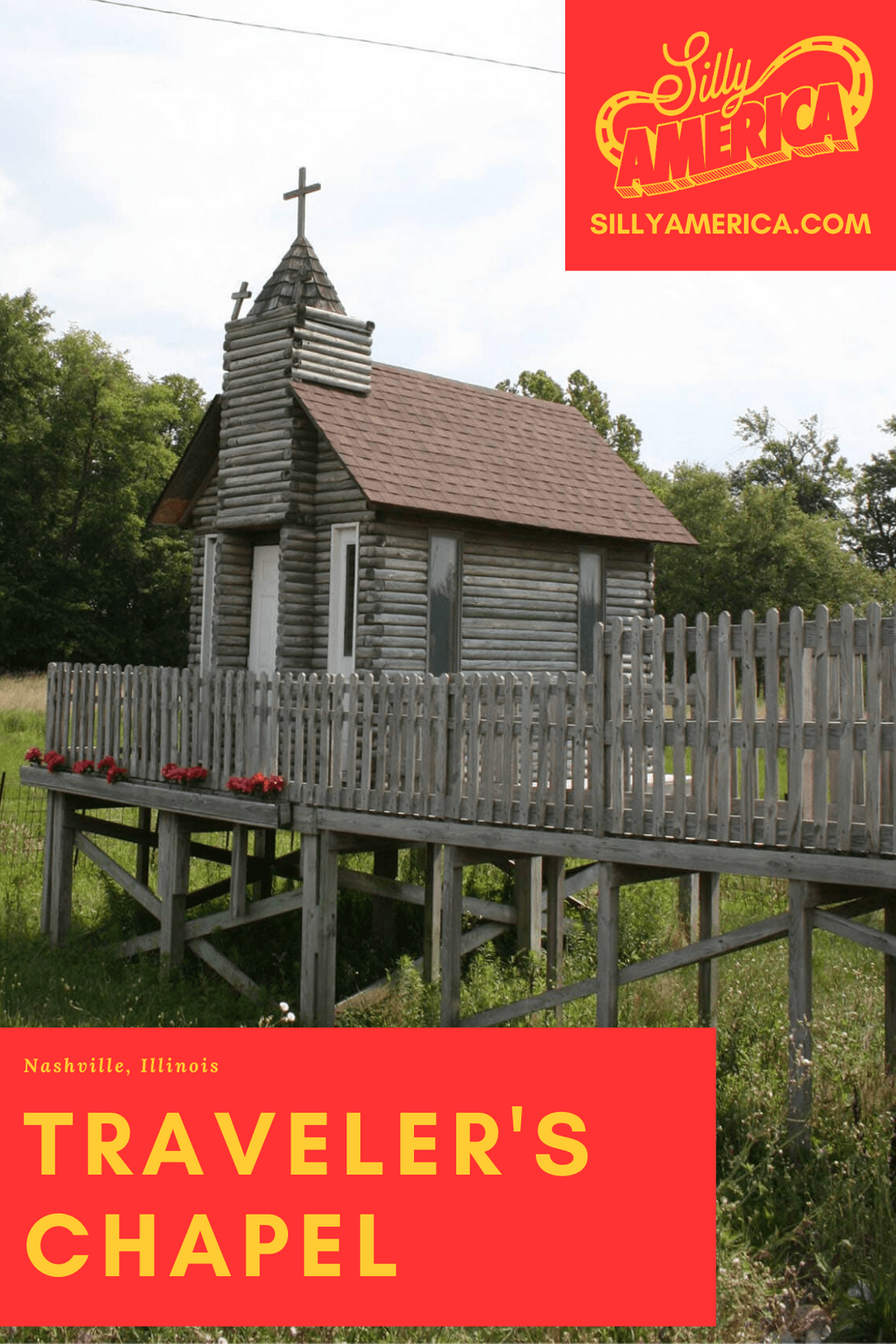 The Traveler's Chapel is a tiny church in Nashville, Illinois. This mini log cabin on stilts leads from parking lot to prayer next to a BP gas station. Visit this roadside attraction on an Illinois road trip. #Church #TinyChurch #IllinoisRoadsideAttractions #IllinoisRoadsideAttraction #RoadsideAttractions #RoadsideAttraction #RoadTrip #IllinoisRoadTrip #IllinoisRoadTripItinerary #IllinoisRoadTripMap #IllinoisRoadTripTravel