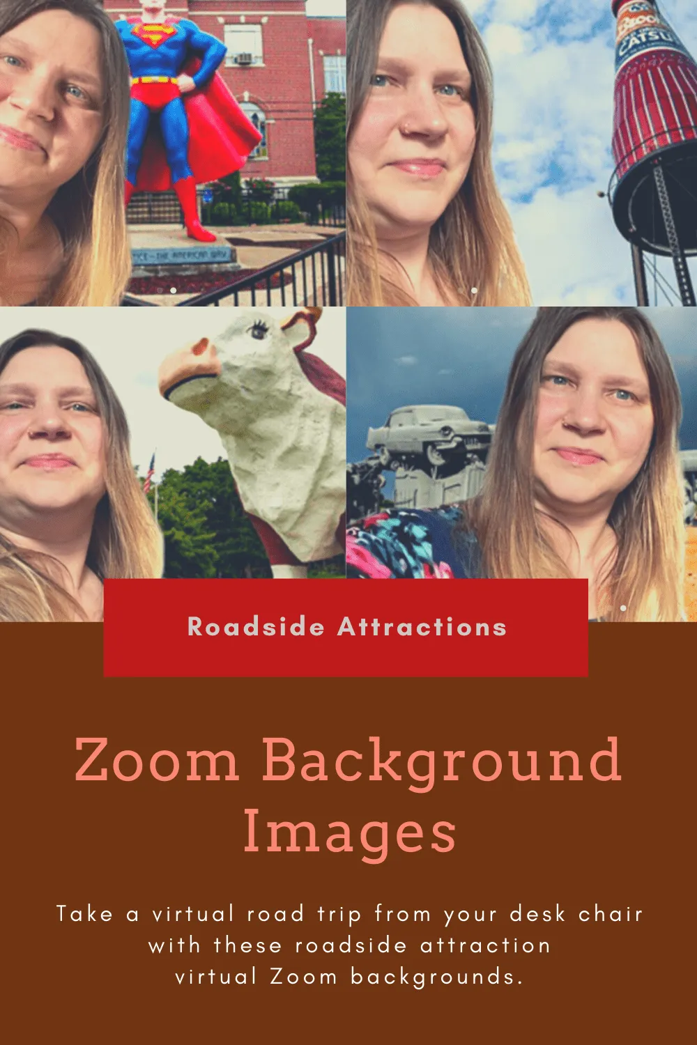 If you're a roadtripper who wishes you were behind the wheel instead of working from home, try these Zoom background images of roadside attractions as a virtual teleconference backdrop while you work from home. #WorkFromHome #Zoom #ZoomBackgrounds #ZoomBackdrops #RoadsideAttraction #RoadsideAttractions #WeirdRoadsideAttractions #VintageRoadsideAttractions #RoadTripStops #WorldsLargestRoadsideAttractions #RoadTrip #USARoadsideAttractions #AmericanRoadsideAttractions #USA #America