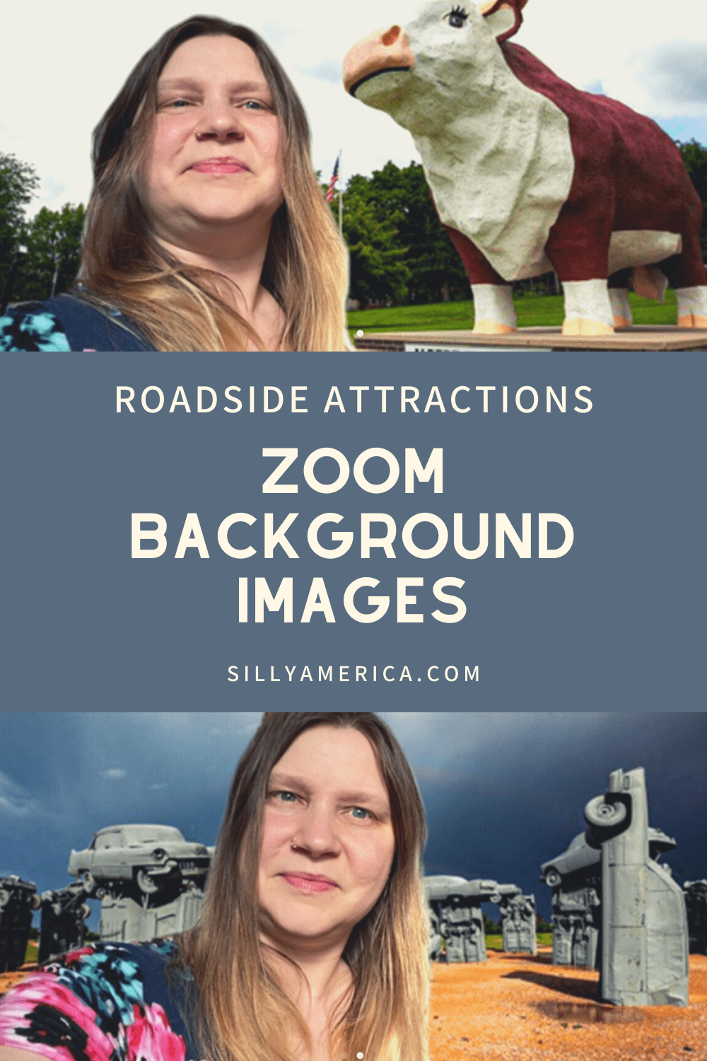 If you're a roadtripper who wishes you were behind the wheel instead of working from home, try these Zoom background images of roadside attractions as a virtual teleconference backdrop while you work from home. #WorkFromHome #Zoom #ZoomBackgrounds #ZoomBackdrops #RoadsideAttraction #RoadsideAttractions #WeirdRoadsideAttractions #VintageRoadsideAttractions #RoadTripStops #WorldsLargestRoadsideAttractions #RoadTrip #USARoadsideAttractions #AmericanRoadsideAttractions #USA #America