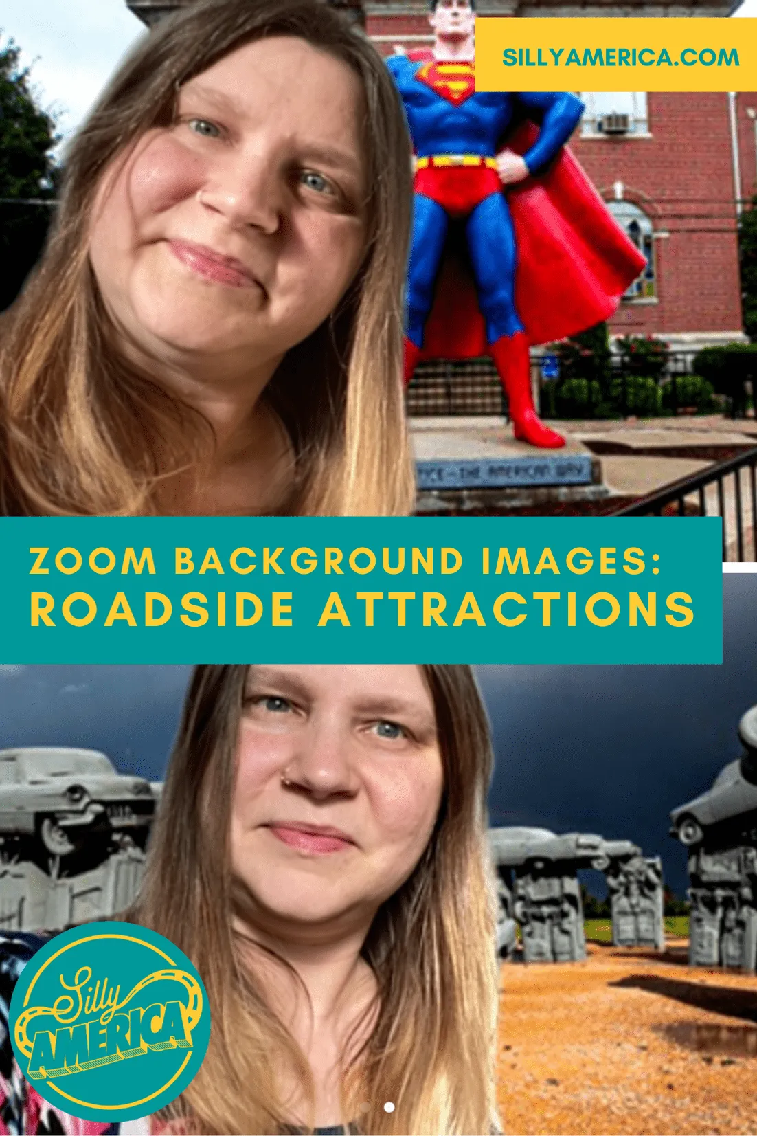 If you're a roadtripper who wishes you were behind the wheel instead of working from home, try these Zoom background images of roadside attractions as a virtual teleconference backdrop while you work from home.  #WorkFromHome #Zoom #ZoomBackgrounds #ZoomBackdrops #RoadsideAttraction #RoadsideAttractions #WeirdRoadsideAttractions #VintageRoadsideAttractions #RoadTripStops #WorldsLargestRoadsideAttractions #RoadTrip #USARoadsideAttractions #AmericanRoadsideAttractions #USA #America