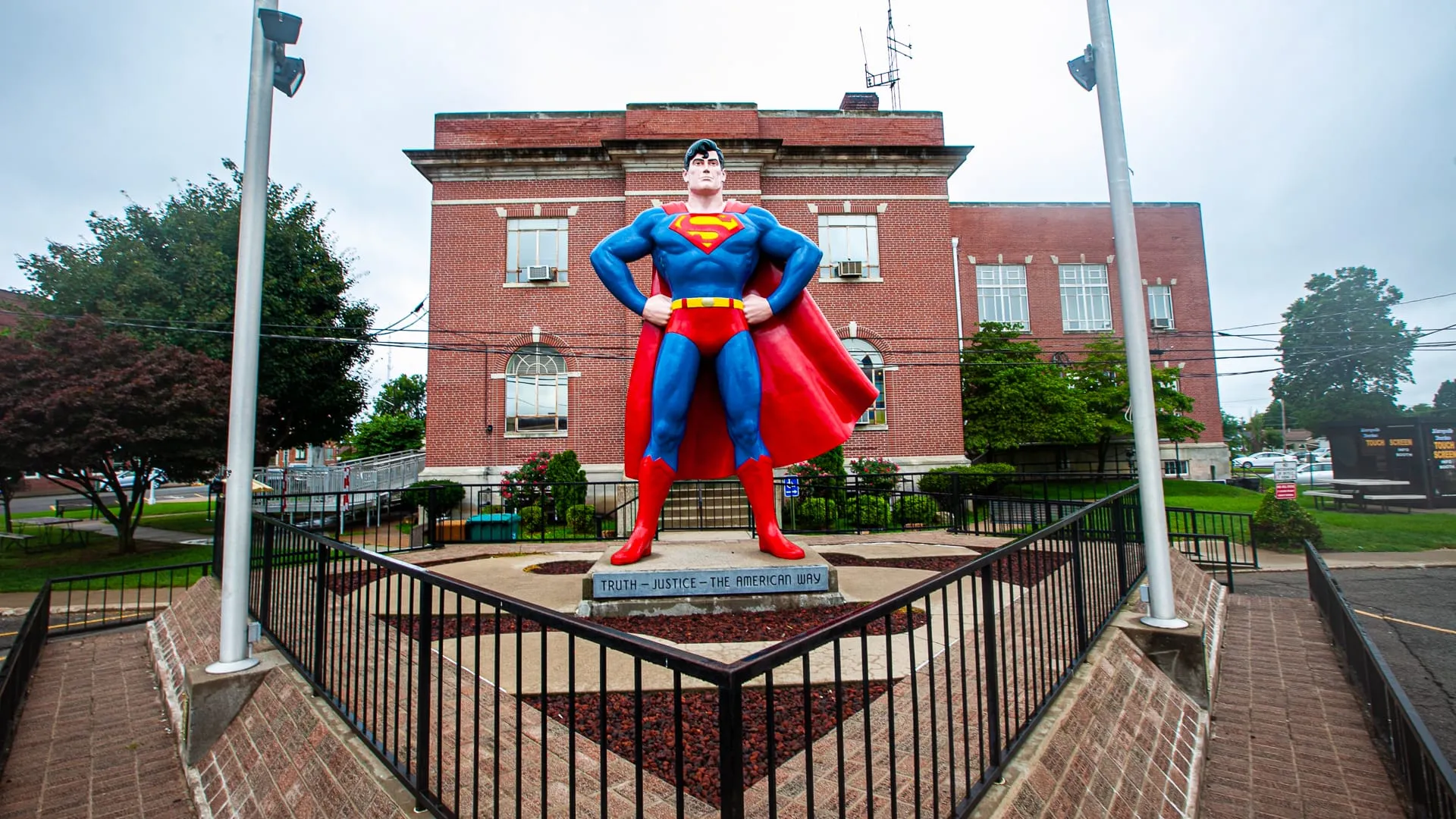 Giant Superman Statue- Roadside Attraction Superman Zoom Background Images for video conferencing backdrops.