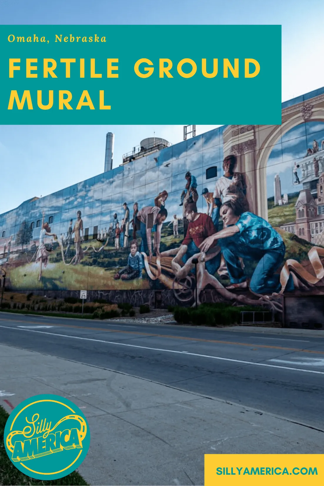 The Fertile Ground mural in Omaha, Nebraska was created by artist Meg Saligman. The 32,500 square-foot mural is one of the largest murals in the country. #NebraskaRoadsideAttractions #NebraskaRoadsideAttraction #RoadsideAttractions #RoadsideAttraction #RoadTrip #NebraskaRoadTrip #ThingsToDoInNebraska #NebraskaTravelRoadTrips #ThingsToSeeInNebraska #StreetArt #mural