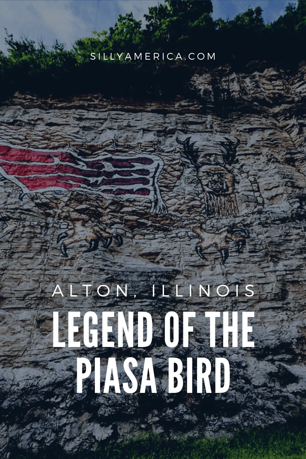 The Legend of the Piasa Bird shows a painting of a mythical beast on a limestone cliff, in Alton, Illinois. Visit this Illinois roadside attraction on a A Great River Road road trip or an Alton vacation. A fun roadside oddity! #IllinoisRoadsideAttractions #IllinoisRoadsideAttraction #RoadsideAttractions #RoadsideAttraction #RoadTrip #IllinoisRoadTrip #IllinoisWeekendGetaways #IllinoisWithKids #Route66 #IllinoisRoute66 #IllinoisRoadTripItinerary #IllinoisRoadTripMap #IllinoisRoadTripTravel
