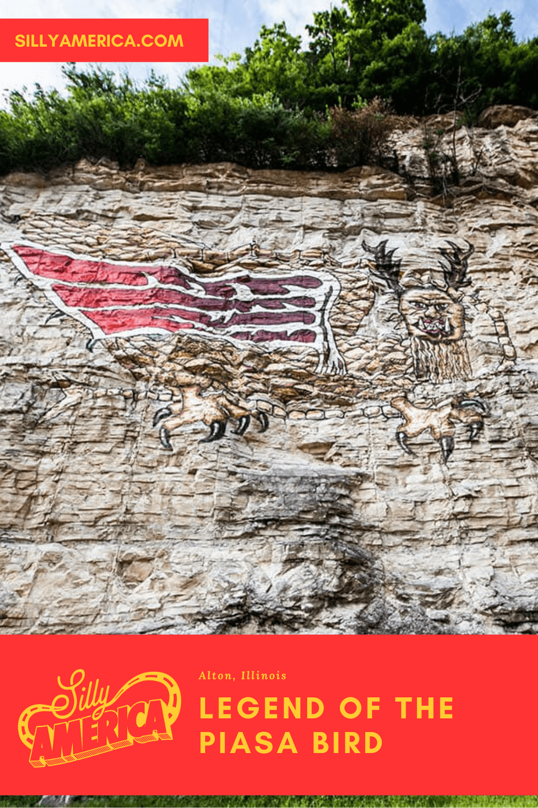 The Legend of the Piasa Bird shows a painting of a mythical beast on a limestone cliff, in Alton, Illinois. Visit this Illinois roadside attraction on a A Great River Road road trip or an Alton vacation. A fun roadside oddity! #IllinoisRoadsideAttractions #IllinoisRoadsideAttraction #RoadsideAttractions #RoadsideAttraction #RoadTrip #IllinoisRoadTrip #IllinoisWeekendGetaways #IllinoisWithKids #Route66 #IllinoisRoute66 #IllinoisRoadTripItinerary #IllinoisRoadTripMap #IllinoisRoadTripTravel