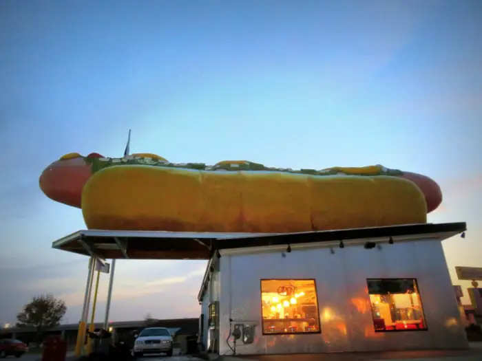 Weird roadside attractions - Wienerlicious giant hot dog in Mackinaw City, Michigan.