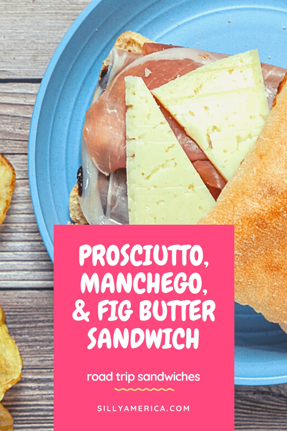 This road trip sandwich combines buttery prosciutto, creamy Manchego cheese, and sweet Fig butter for a lunch option destined for a picnic in a park. Ciabatta rolls make great bread for road trip sandwiches because the hardy texture holds up during travel. #RoadTripMeals #RoadTripMealsForAdults #RoadTripMealsToPack #RoadTripMealsForFamilies #MakeAheadRoadTripMeals #CheapRoadTripMeals #RoadTripLunches #EasyRoadTripMeals #RoadTripMealsForKids  #RoadFood #RoadFoodIdeas #RoadTripFood