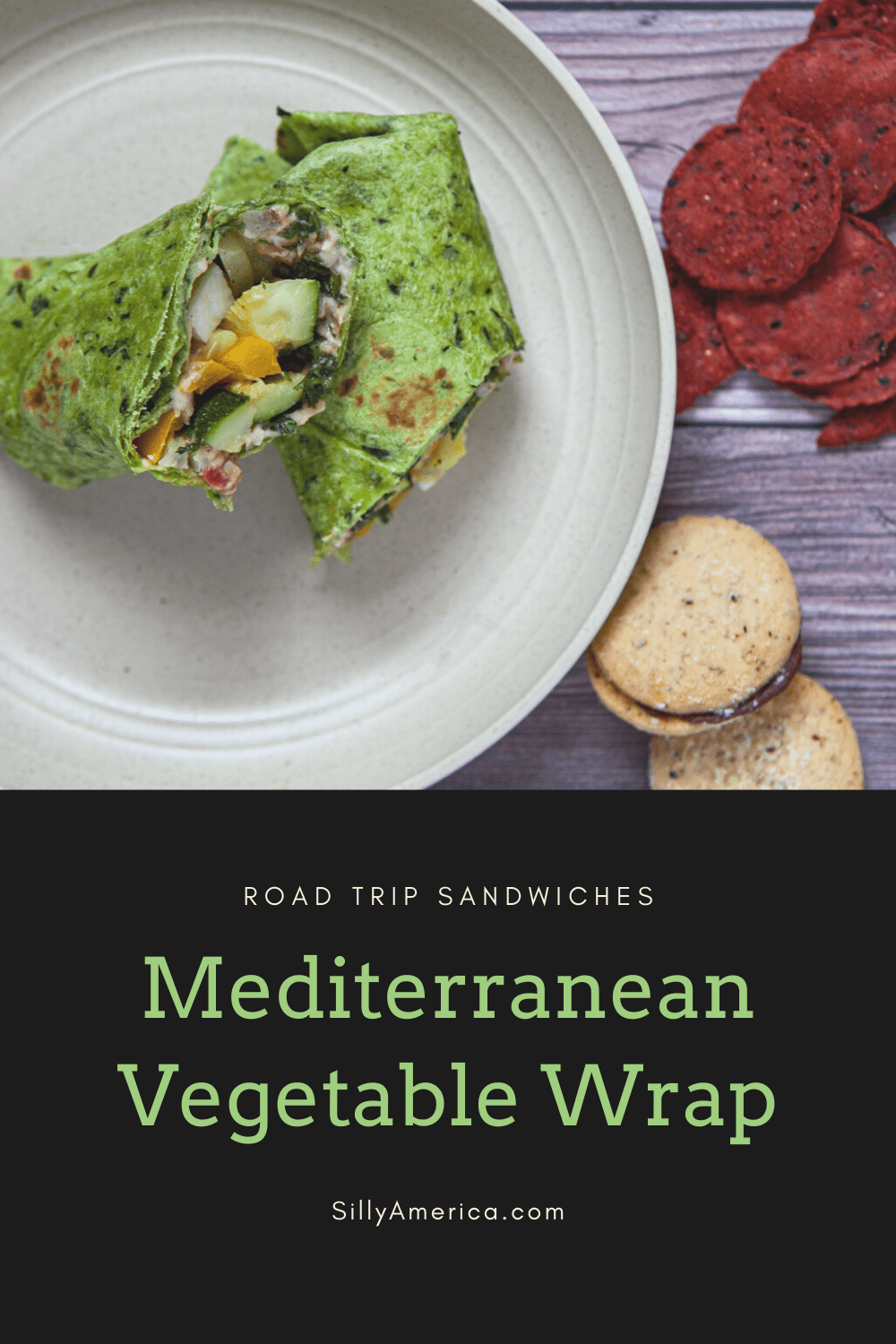 This flavorful vegetarian road trip sandwich is sure to please everyone in the car. Roast the vegetables for this Mediterranean Vegetable Wrap beforehand to assemble wraps or keep them separate in an air-tight container. In a pinch, raw vegetables will be just as tasty! #RoadTripMeals #RoadTripMealsForAdults #RoadTripMealsToPack #RoadTripMealsForFamilies #MakeAheadRoadTripMeals #CheapRoadTripMeals #RoadTripLunches #EasyRoadTripMeals #RoadTripMealsForKids  #RoadFood #RoadFoodIdeas #RoadTripFood