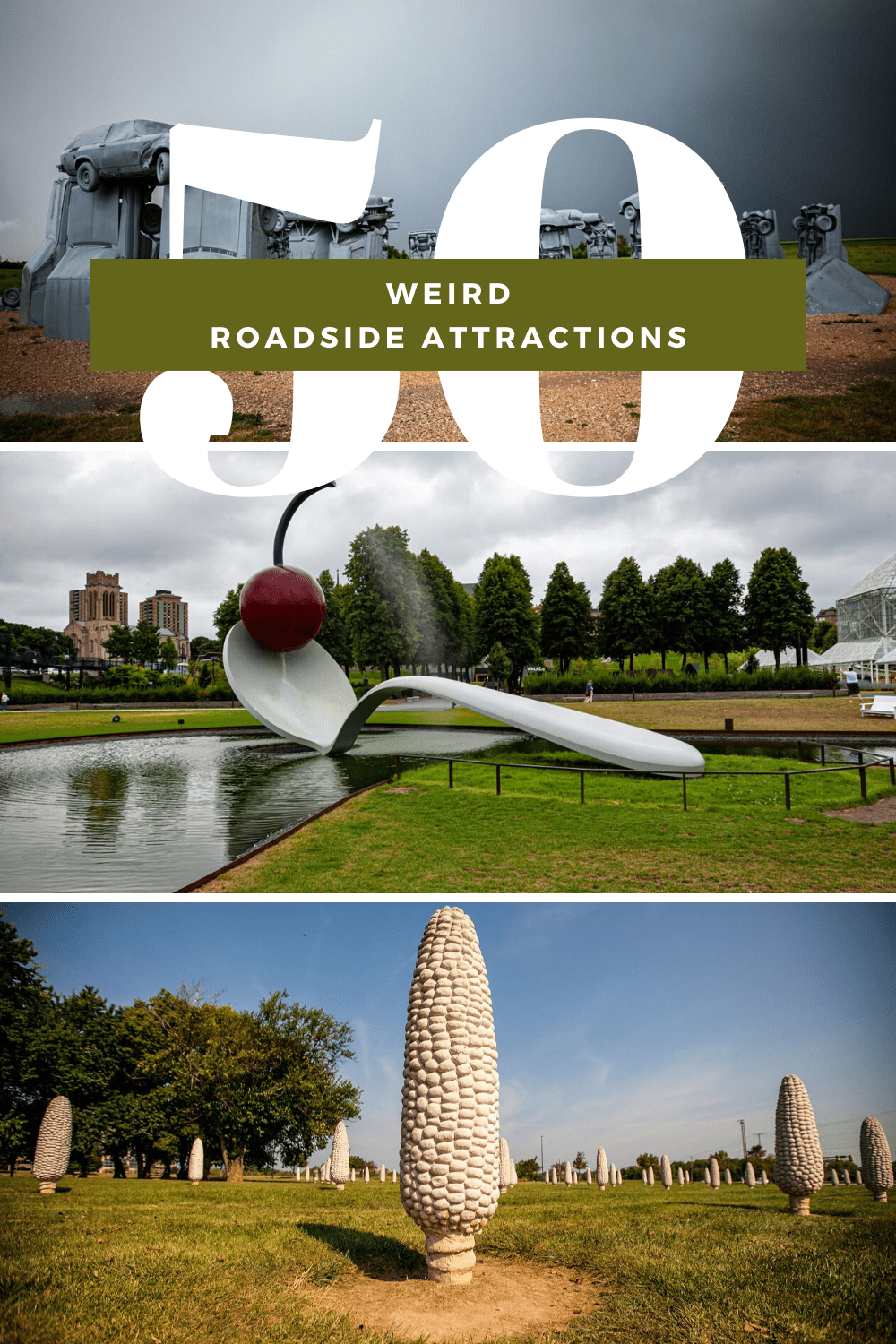 These weird roadside attractions make for fun stops on your next American road trip. Visit world's largest things, quirky outdoor art, and other oddities on a road trip around the United States! #RoadsideAttraction #RoadsideAttractions #WeirdRoadsideAttractions #VintageRoadsideAttractions #RoadTripStops #WorldsLargestRoadsideAttractions #RoadTrip #USARoadsideAttractions #AmericanRoadsideAttractions #USA #America