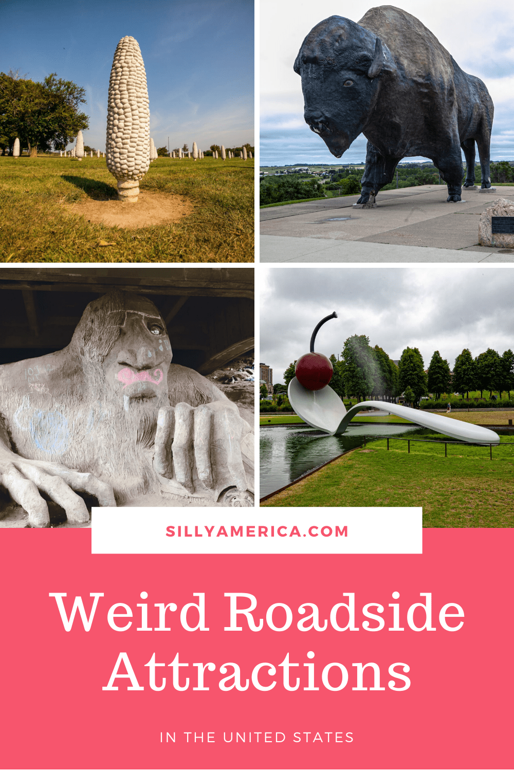 These weird roadside attractions make for fun stops on your next American road trip. Visit world's largest things, quirky outdoor art, and other oddities on a road trip around the United States! #RoadsideAttraction #RoadsideAttractions #WeirdRoadsideAttractions #VintageRoadsideAttractions #RoadTripStops #WorldsLargestRoadsideAttractions #RoadTrip #USARoadsideAttractions #AmericanRoadsideAttractions #USA #America