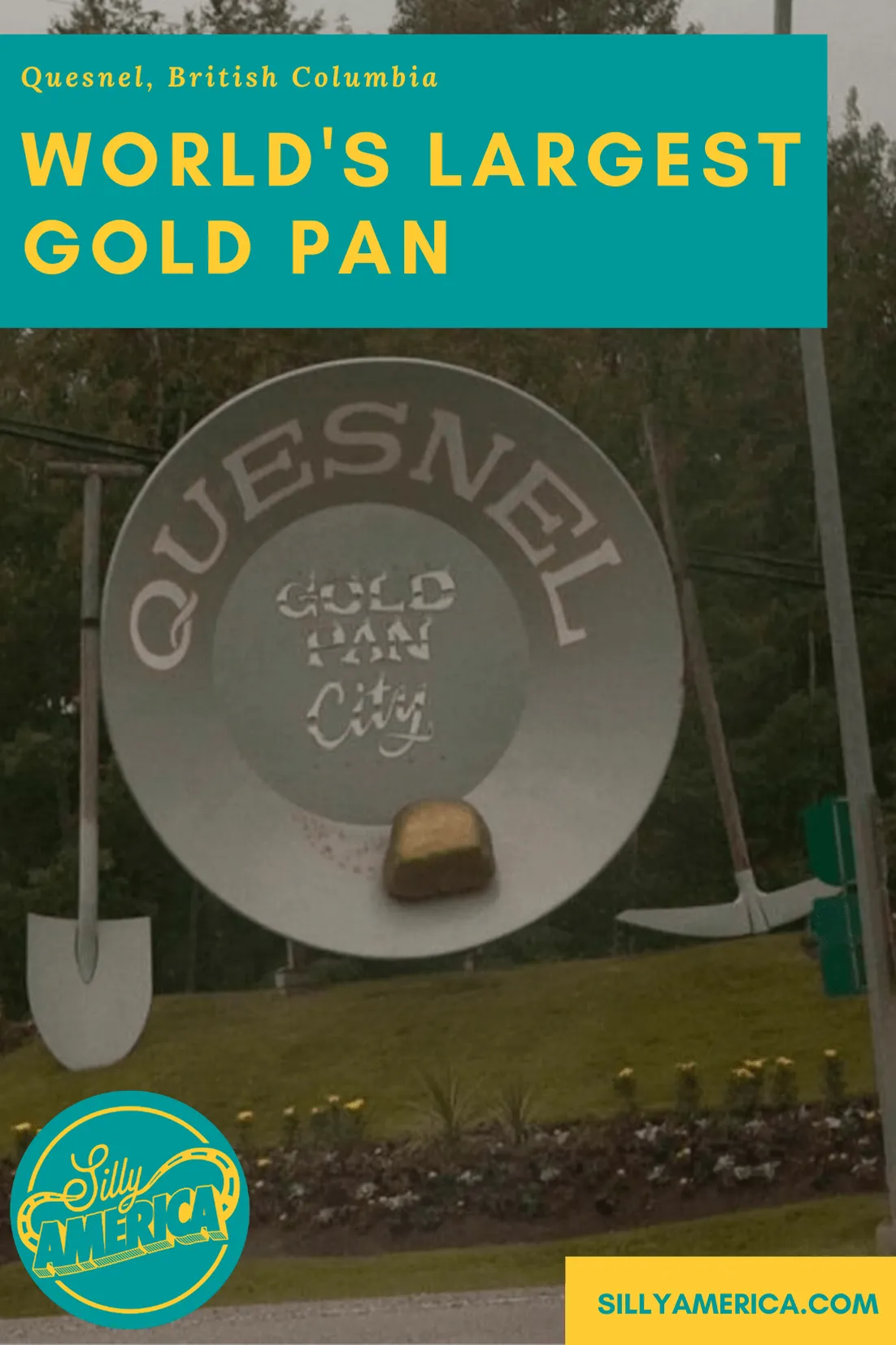 Since 1987 Quesnel, British Columbia has been home to this Canadian roadside attraction: the world's largest gold pan in "Gold Pan City." Visit this stop on the Gold Rush Trail on your next Canadian road trip. #CanadianRoadsideAttractions #CanadianRoadsideAttraction #RoadsideAttractions #RoadsideAttraction #RoadTrip #CanadaRoadTrip #CanadaRoadTripIdeas #CanadaRoadTripItinerary #CrossCanadaRoadTrip #CanadaRoadTripBucketLists #CanadaBucketList #CanadaRoadTripWithKids #BritishColumbia