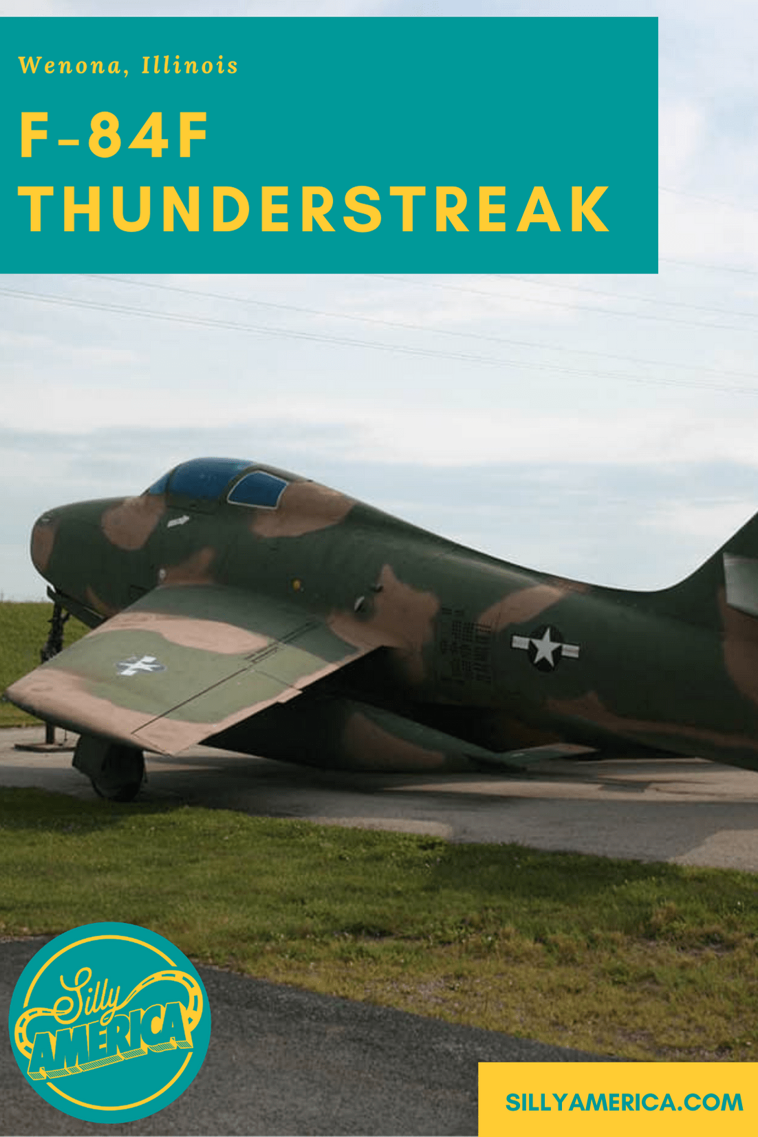 An old F-84F Thunderstreak fighter jet can be found in a motel parking lot in Wenona, Illinois. The camouflaged airplane is a fun site to see outside of the Wenona America's Best Value Inn (formerly a Best Western, formerly a Super 8). Before living at the motel, the parking lot jet plane could be found at various locations around town since the late 1960s/early 1970s. #IllinoisRoadsideAttractions #IllinoisRoadsideAttraction #RoadsideAttractions #RoadsideAttraction #RoadTrip #IllinoisRoadTrip