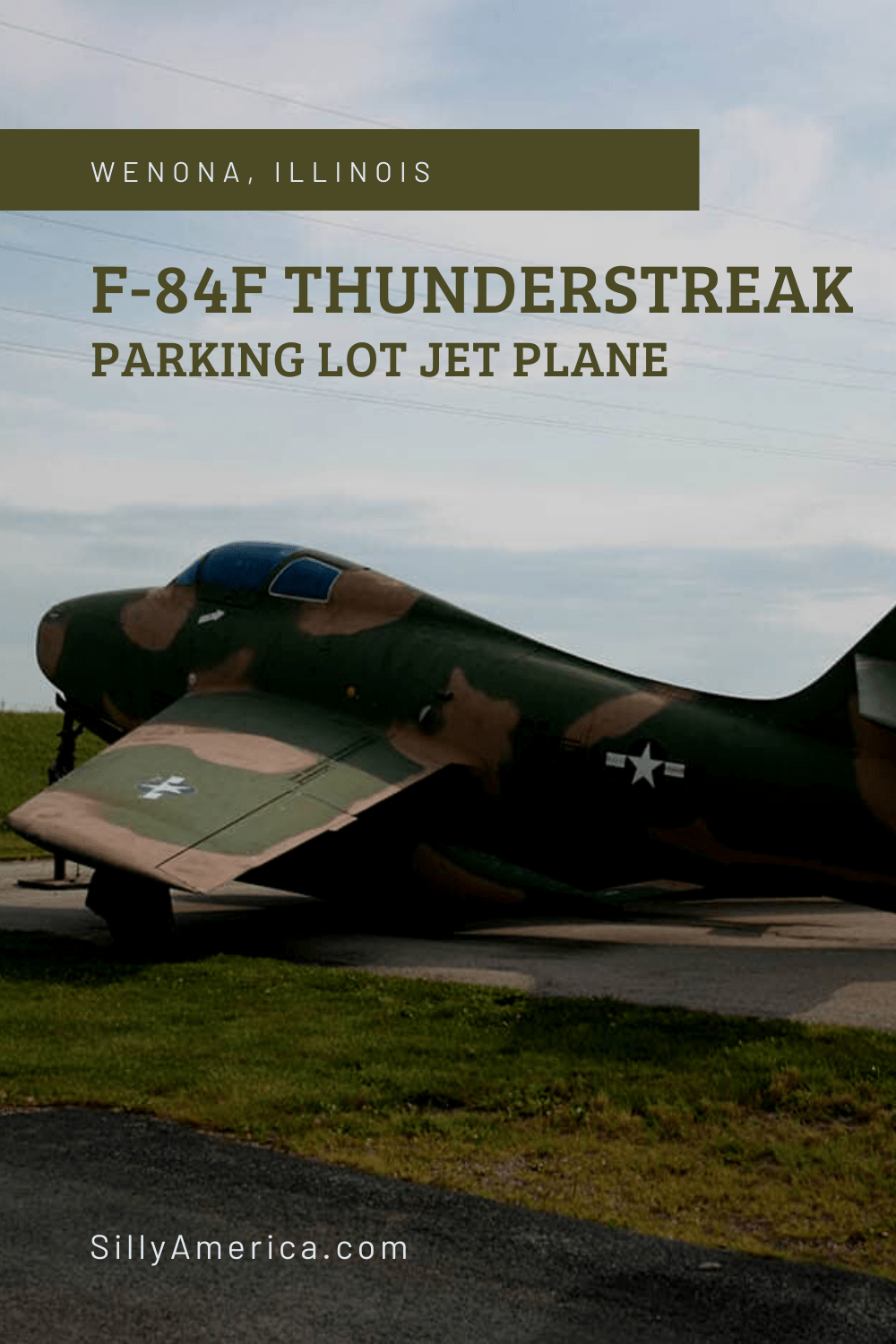 An old F-84F Thunderstreak fighter jet can be found in a motel parking lot in Wenona, Illinois. The camouflaged airplane is a fun site to see outside of the Wenona America's Best Value Inn (formerly a Best Western, formerly a Super 8). Before living at the motel, the parking lot jet plane could be found at various locations around town since the late 1960s/early 1970s. #IllinoisRoadsideAttractions #IllinoisRoadsideAttraction #RoadsideAttractions #RoadsideAttraction #RoadTrip #IllinoisRoadTrip