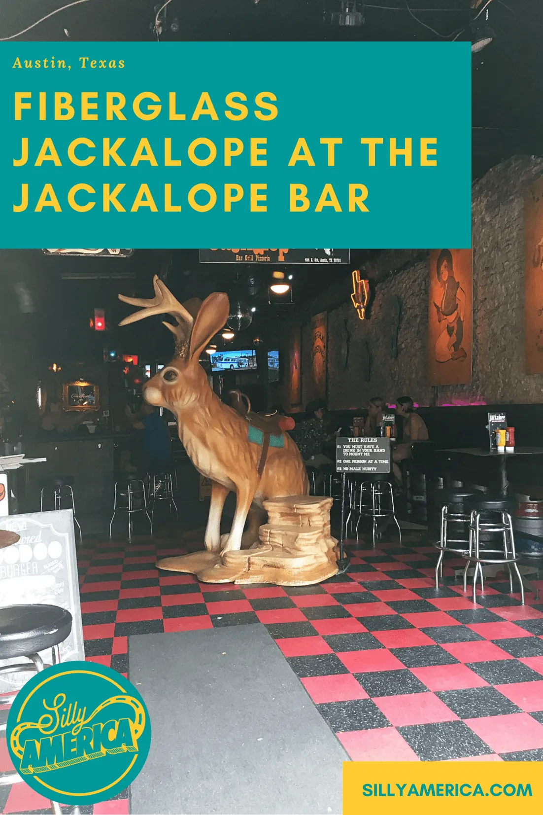 The Jackalope Bar is a popular dive bar in Austin, Texas named for my favorite animal. And what would a bar with a name like that be without a giant fiberglass jackalope inside! Find this roadside attraction on your road trip or vacation. #TexasRoadsideAttractions #TexasRoadsideAttraction #RoadsideAttractions #RoadsideAttraction #RoadTrip #TexasRoadTrip #TexasRoadTripBucketLists #TexasBucketList #TexasRoadTripIdeas #TexasWeekendGetaways #TexasRoadTripItinerary #AustinTexas #Jackalope