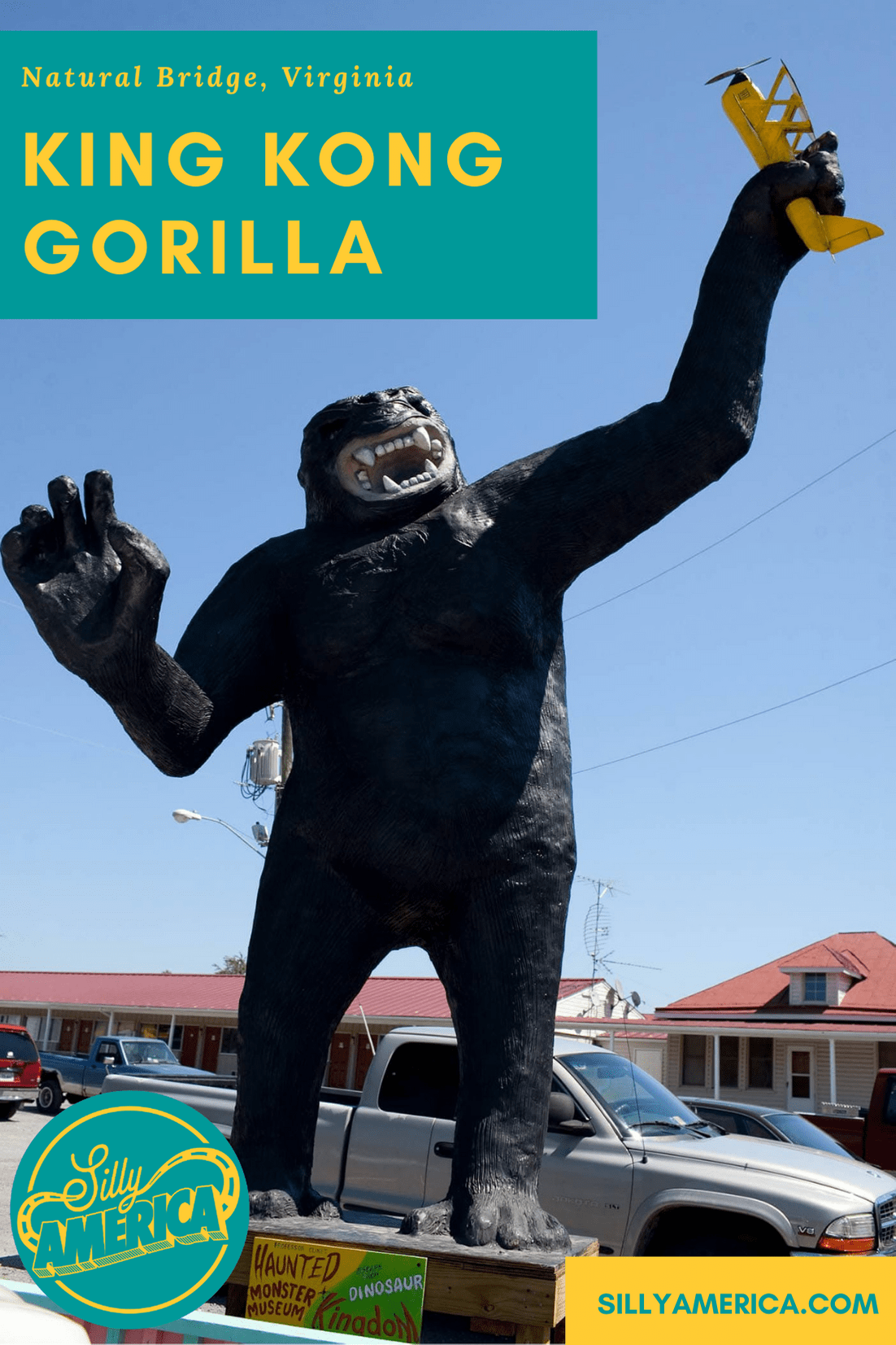 Giant King Kong Gorilla at Pink Cadillac Diner in Natural Bridge, Virginia. The Mark Cline roadside attraction is now at Dinosaur Kingdom II. #VirginiaRoadsideAttractions #VirginiaRoadsideAttraction #RoadsideAttractions #RoadsideAttraction #RoadTrip #VirginiaRoadTrip #VirginiaRoadTripBucketLists #VirginiaBucketList #VirginiaRoadTripIdeas