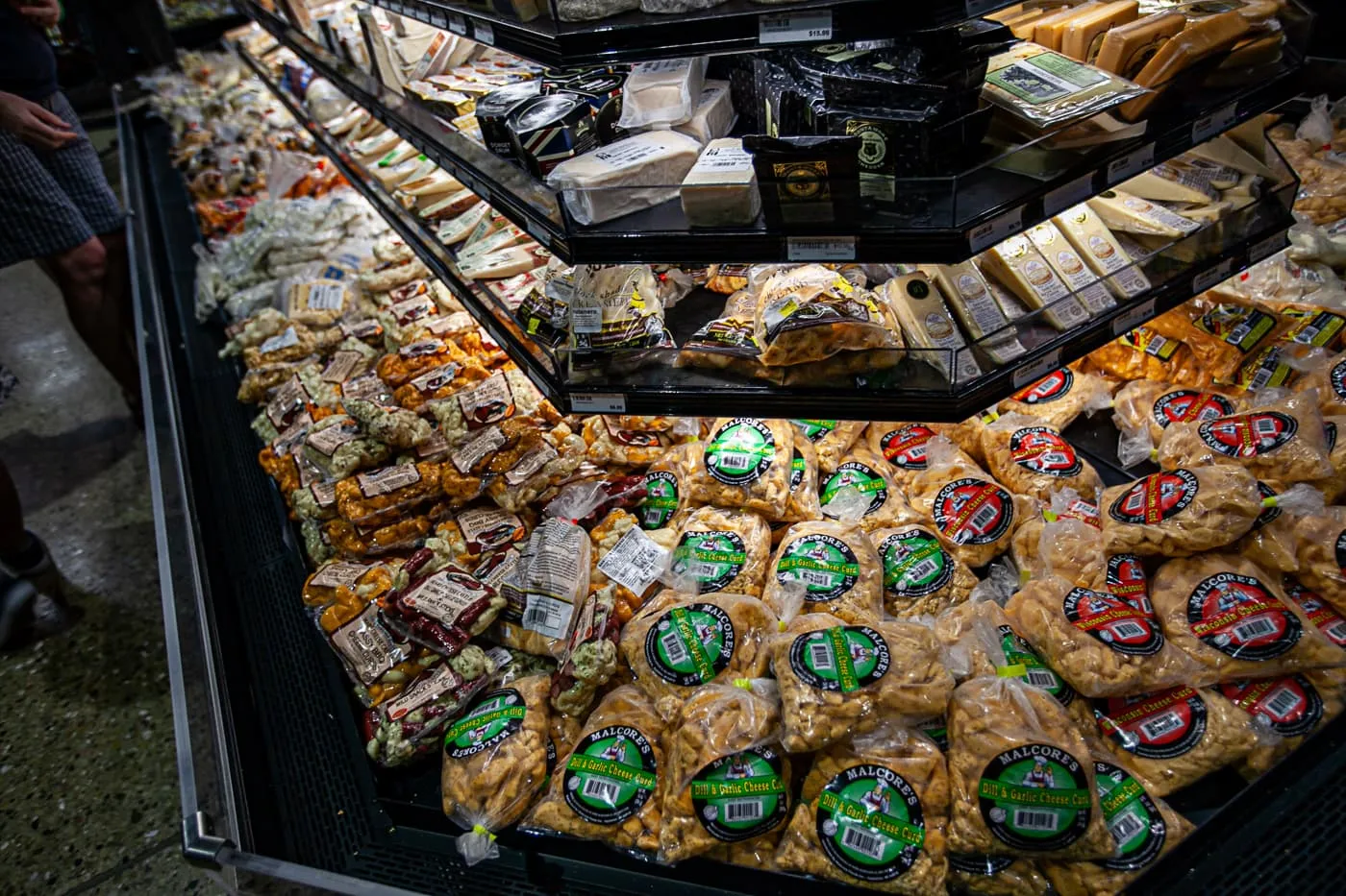 Selection of cheese curds inside Mars Cheese Castle in Kenosha, Wisconsin