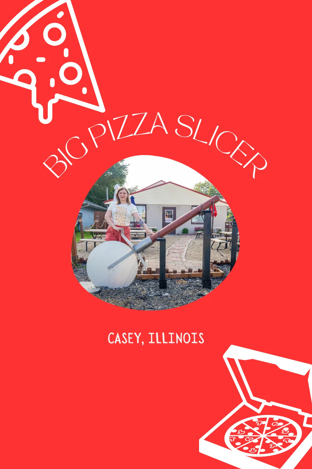 This roadside attraction takes a pizza my heart. It’s the big pizza slicer at Greathouse of Pizza in Casey, Illinois.Casey, Illinois is a small town known for its big things. The town is home over thirty roadside attractions, including twelve record holding world's largest things! #IllinoisRoadsideAttractions #IllinoisRoadsideAttraction #RoadsideAttractions #RoadsideAttraction #RoadTrip #IllinoisRoadTrip #IllinoisWeekendGetaways #IllinoisWithKids #IllinoisRoadTripTravel