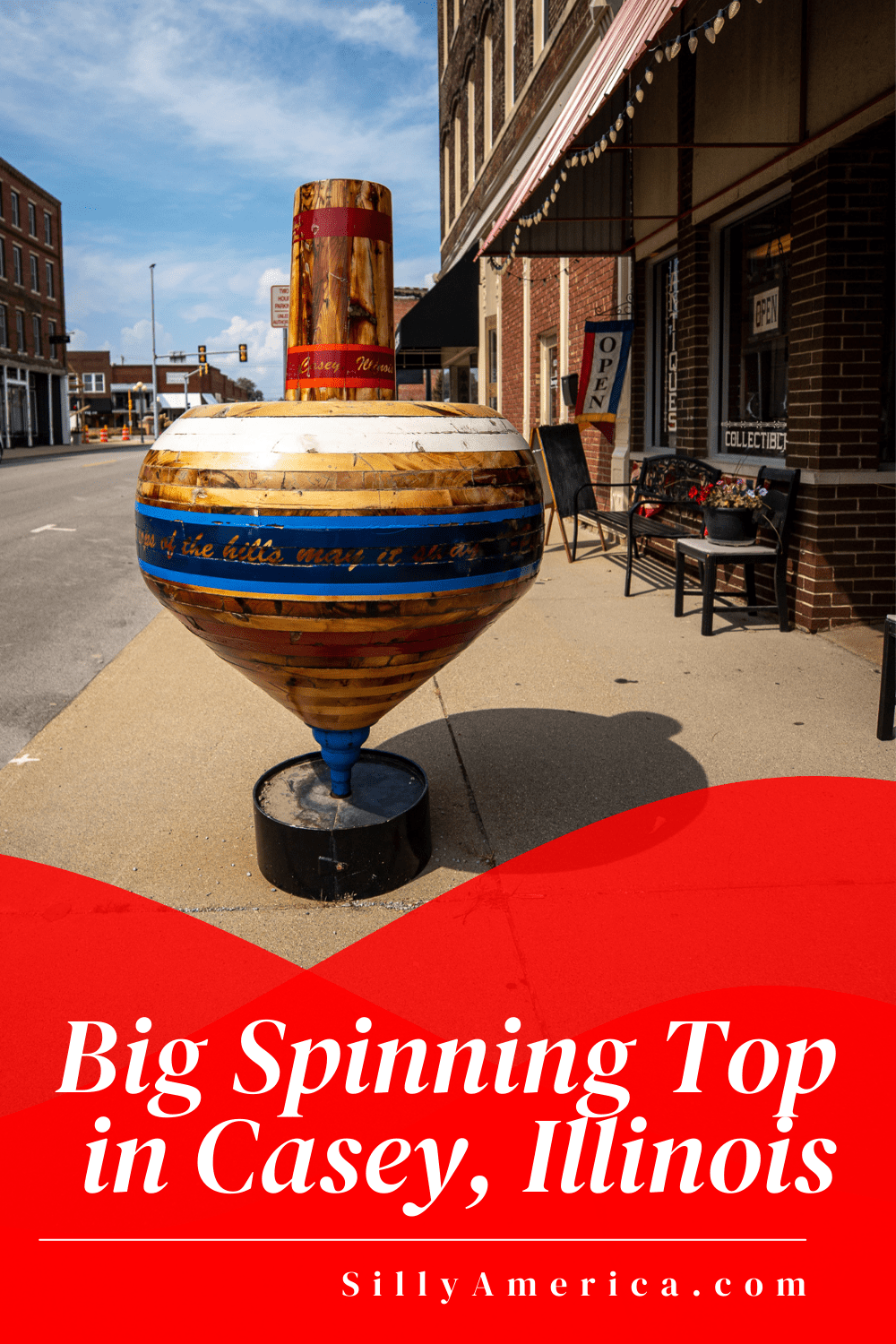 Casey, Illinois is a small town known for its big things. The town is home to over thirty roadside attractions, including twelve record holding world's largest things! While you're in town, be sure to give this big thing a spin, literally! It's the Big Spinning Top.  #IllinoisRoadsideAttractions #IllinoisRoadsideAttraction #RoadsideAttractions #RoadsideAttraction #RoadTrip #IllinoisRoadTrip #IllinoisWeekendGetaways #IllinoisWithKids #IllinoisRoadTripTravel 