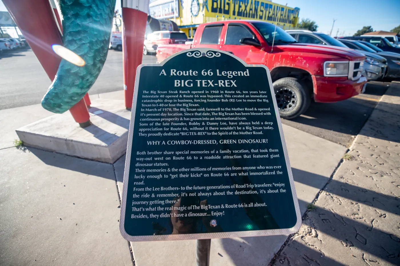 Big Tex Rex green cowboy dinosaur at The Big Texan Steak Ranch in Amarillo, Texas