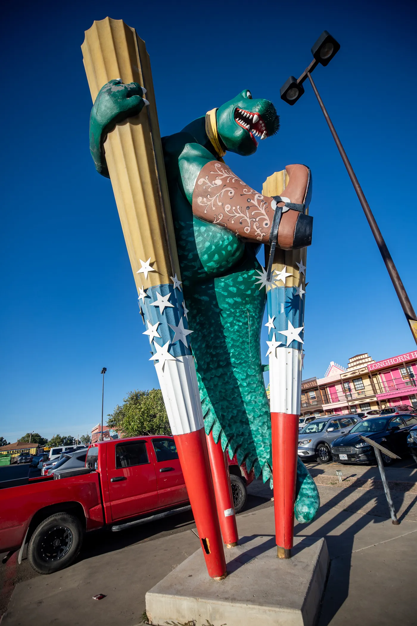 Big Tex Rex green cowboy dinosaur at The Big Texan Steak Ranch in Amarillo, Texas