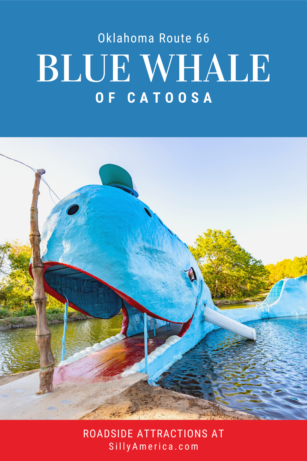 It’s big, it’s blue, and it's an icon of Route 66. The Blue Whale of Catoosa in Oklahoma has been making a splash since the 1970s. Visit this weird roadside attraction on a Route 66 road trip or Oklahoma vacation. It's a must see road trip stop for your travel itinerary and bucket list.  #RoadTrips #RoadTripStop #Route66 #Route66RoadTrip #OklahomaRoute66 #Oklahoma #OklahomaRoadTrip #OklahomaRoadsideAttractions #RoadsideAttractions #RoadsideAttraction #RoadsideAmerica #RoadTrip
