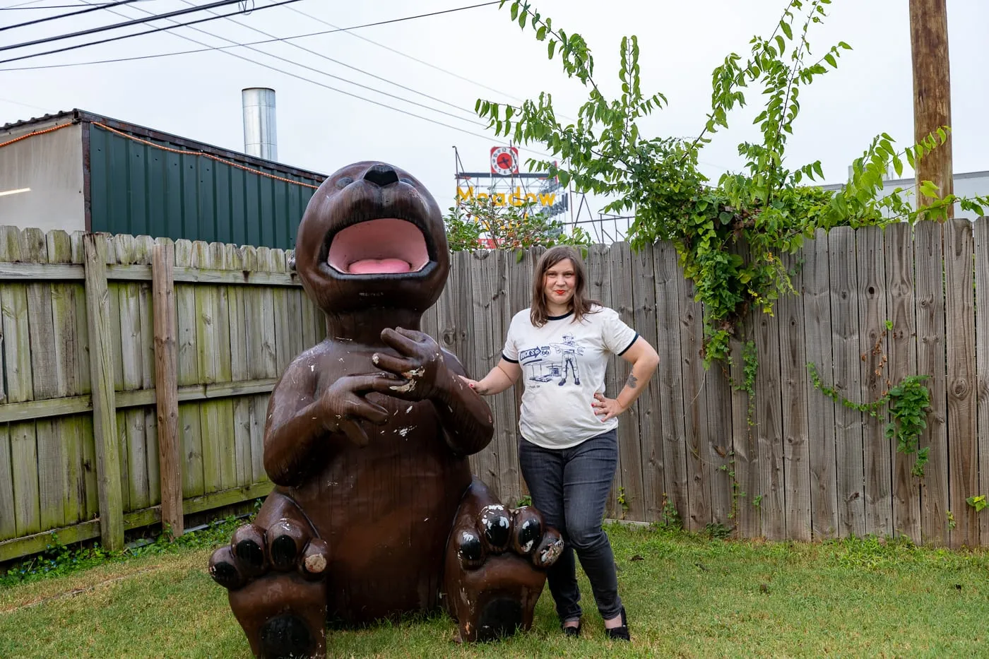 Giant bear in the backyard at Buck's Cosmic Crash Pad on Route 66 - Route 66 AirBNB in Tulsa, Oklahoma