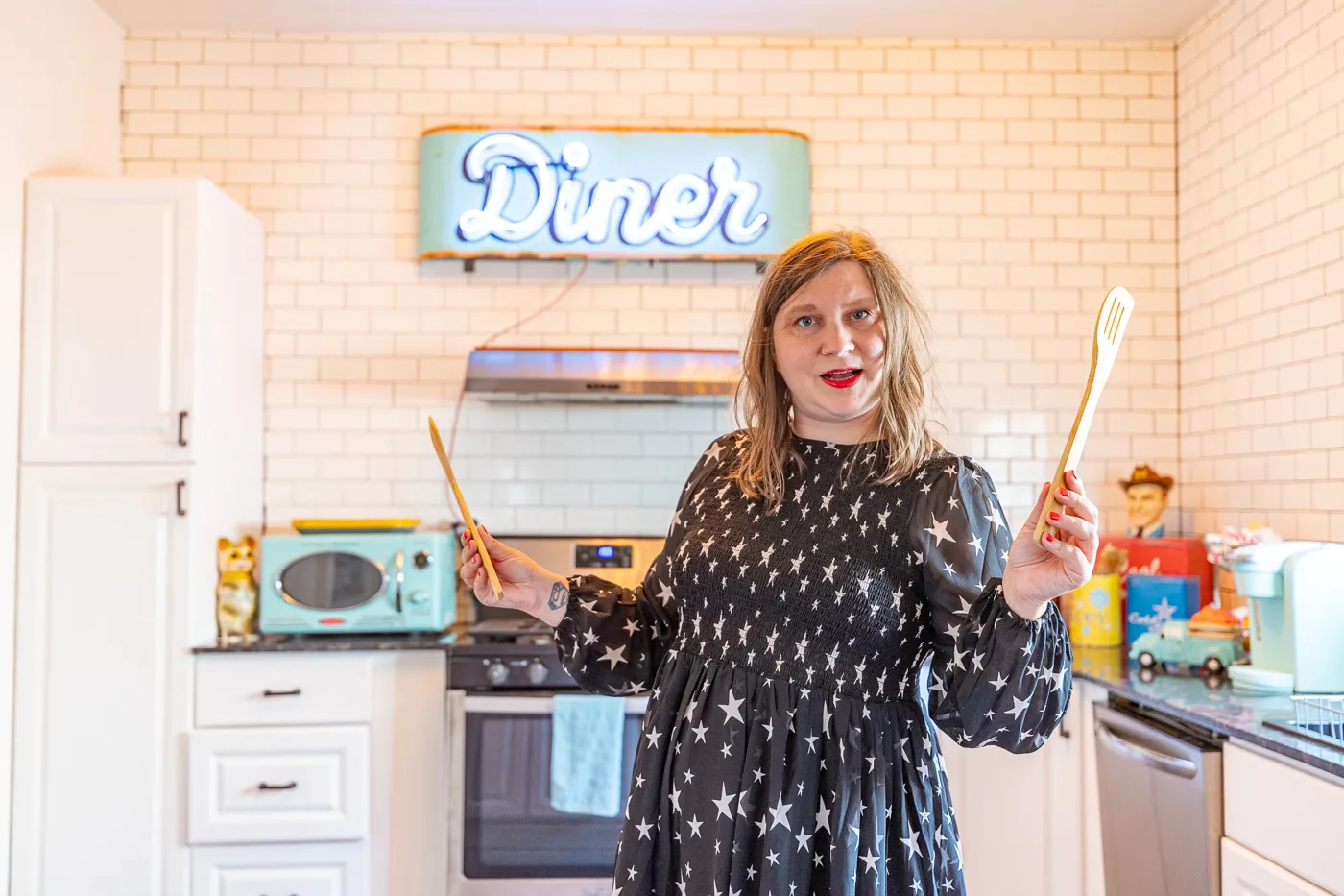 Retro kitchen at Buck's Cosmic Crash Pad on Route 66 - Route 66 AirBNB in Tulsa, Oklahoma