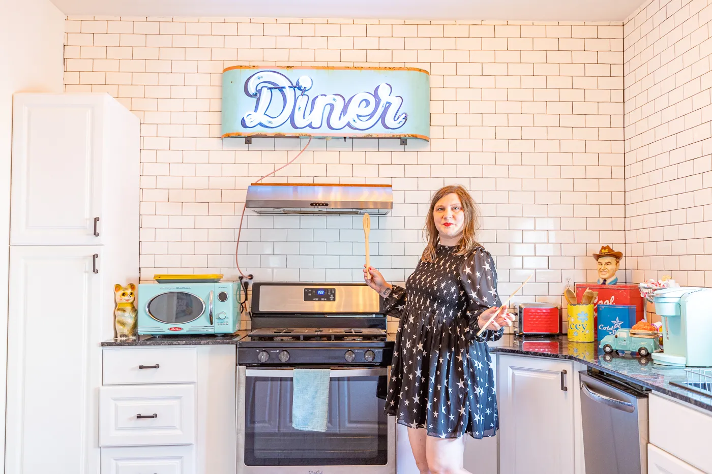 Retro kitchen at Buck's Cosmic Crash Pad on Route 66 - Route 66 AirBNB in Tulsa, Oklahoma