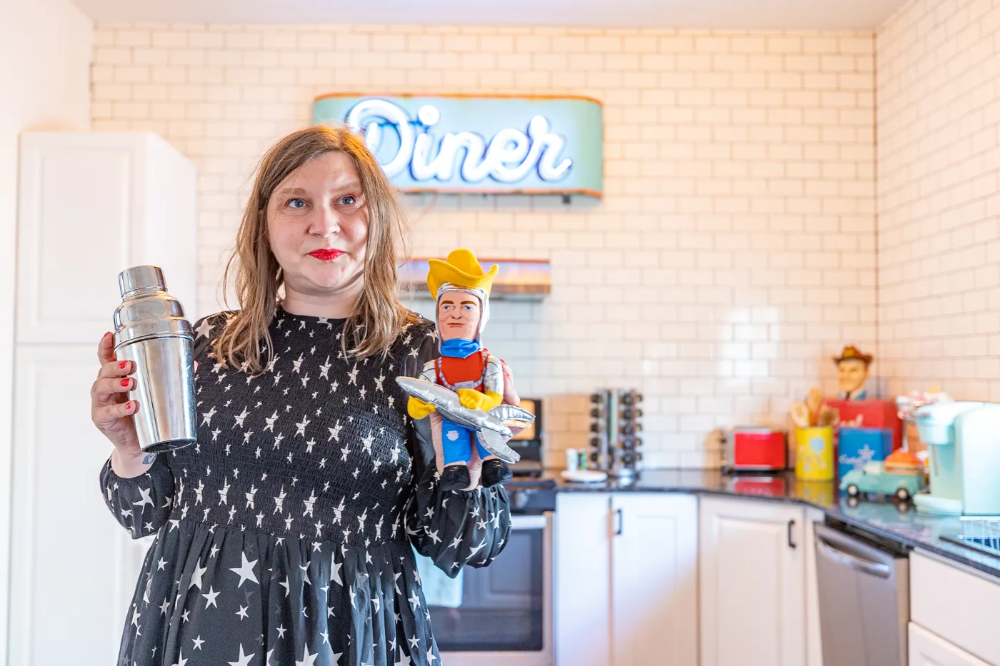 Retro kitchen at Buck's Cosmic Crash Pad on Route 66 - Route 66 AirBNB in Tulsa, Oklahoma